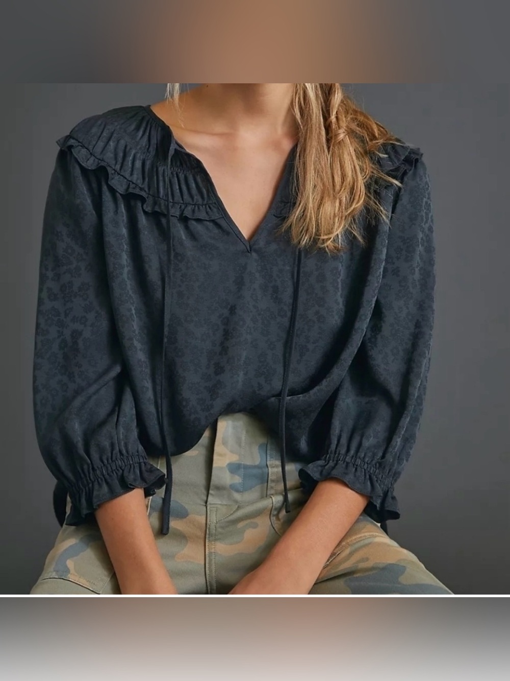 Anthropologie Current Air Black Floral Jacquard Shirred Blouse